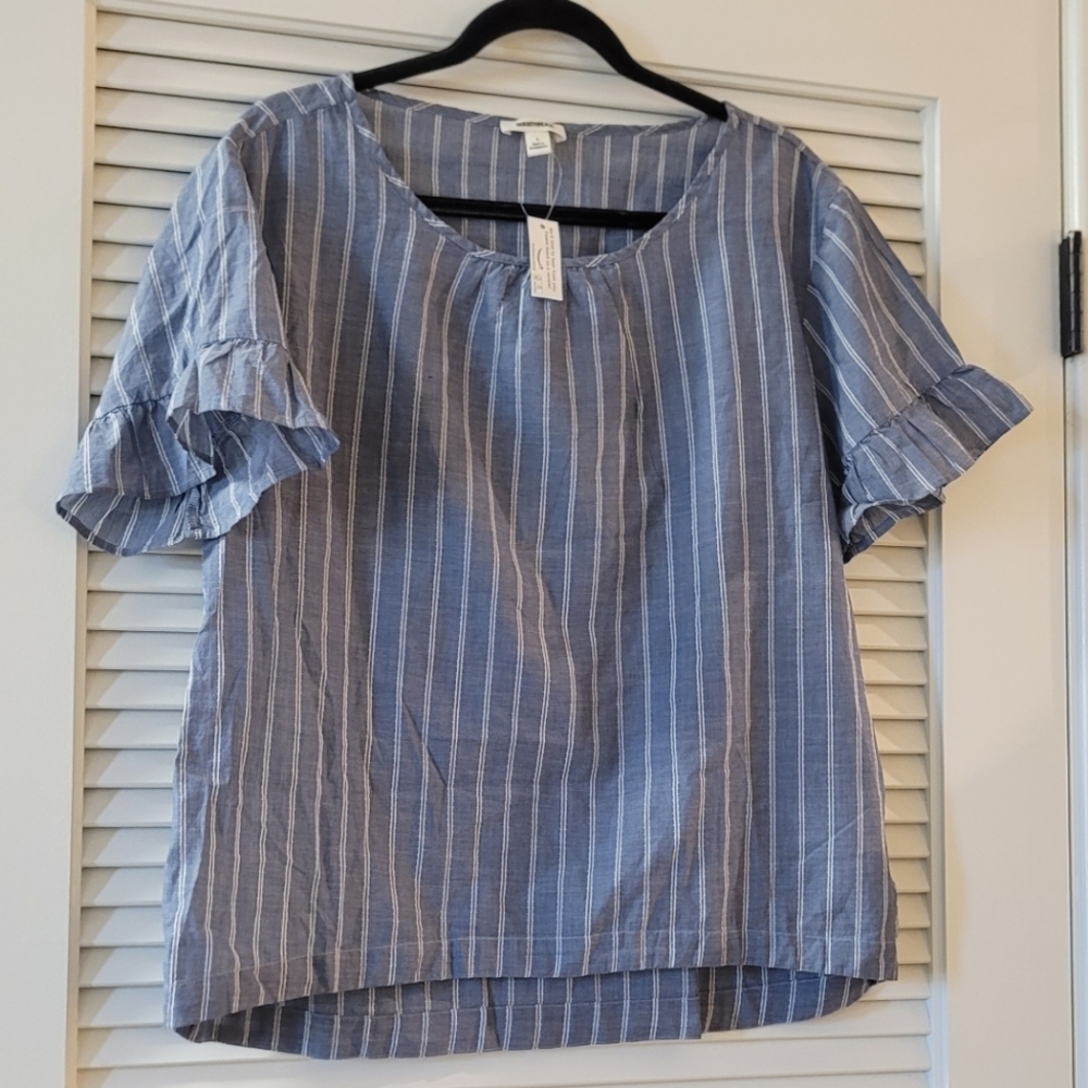 Goodthreads - (NWT) 100% Cotton Blue & White Striped Top Short Ruffle Sleeves